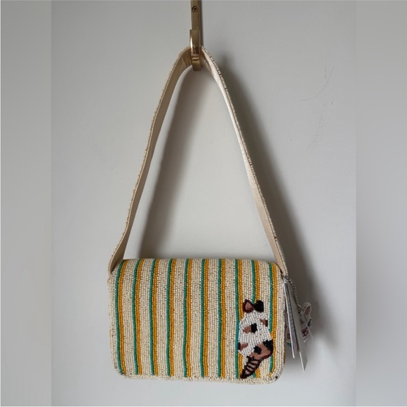 Beaded Kitty Embroidered Crossbody Shoulder Bag in Cream and Yellow - Picture 3 of 6